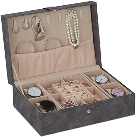 Relaxdays Schmuckkästchen, Lederoptik, Samt, Schmuckkasten für Damen & Herren, HxBxT: 10 x 29 x 20 cm, Schmuckbox, grau