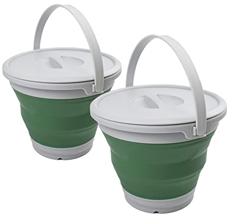 SAMMART 5.5L Collapsible Plastic Bucket with Lid - Foldable Round Tub with Lid - Portable Fishing Water Pail - Space Saving Outdoor Waterpot. (Grey/Dark Sea Green (Set of 2))
