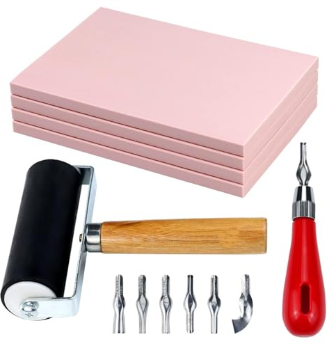 Oopsu Lot de 4 blocs de sculpture en caoutchouc avec outils de coupe et rouleau de brayer en caoutchouc pour la gravure et autres travaux manuels