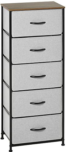 HOMCOM Fabric Chest of Drawers, Storage Drawers, Industrial Bedroom Dresser with 5 Fabric Drawers, Steel Frame and Wooden Top for Nursery, Living Room, Closet, Hallway, Grey