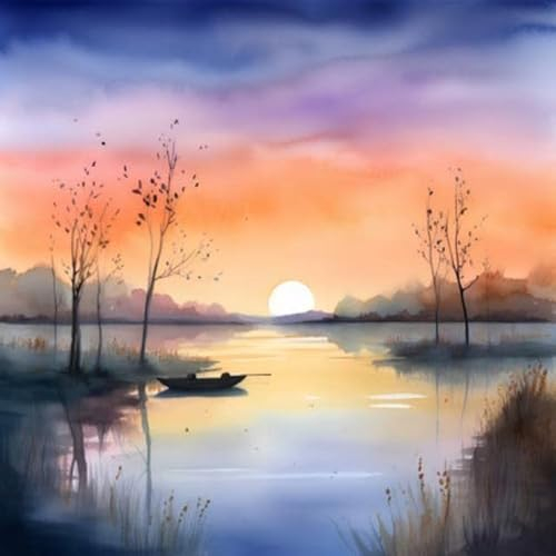 Acryl-Bild 40 x 40 cm: Sonnenuntergang auf dem See mit Bäumen und Boot. Digitale Zeichnung. (201024424)