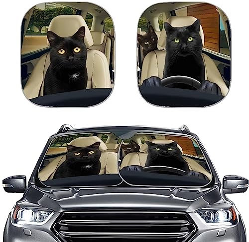 Darisoco Parasol plegable para parabrisas de coche, 2 piezas, diseño de gato, color negro, mantiene tu vehículo fresco, bloque UV, accesorios para automóvil