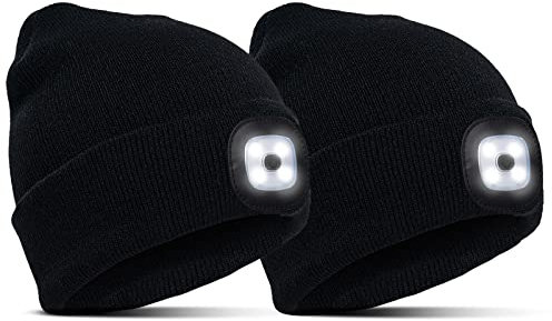 Richaa Geschenke für Kinder Weihnachten 2Pcs Mütze mit LED Licht Kinder Wiederaufladbar LED Strickmütze Wintermütze Schwarz Beanie Lustige Kleine Geschenke für Mädchen Jungen