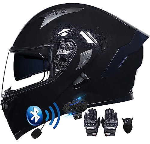 BT Klapphelm mit Bluetooth Motorradhelm Helm mit integriertem Bluetooth Integralhelm Anti-Fog-Doppelspiegel Vollvisierhelm ECE Genehmigt sturzhelm für Damen Herren S~XXL