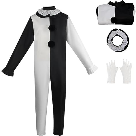 Yakisle Clown Costume the Clown Cosplay Halloween Halloween Jumpsuit Costume Full Set (black and white, 3XL)