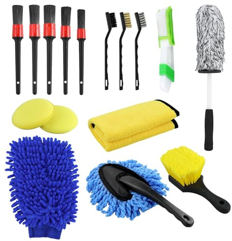 Kit de nettoyage de voiture, 16 pièces, brosse pour jantes, kit de nettoyage pour voiture, intérieur et extérieur, grille d'aération, tableau de bord, moteur, roues