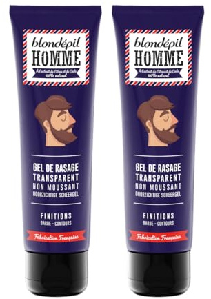 Blondépil Homme - Gel rasage transparent, Glisse optimale, Finitions nettes. Gel rasage homme. Lot de 2. Made in France, Tube 150ml