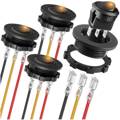 MKBKLLJY 4St. runder Wippschalter DC 12V 20A 24V 10A gelber LED beleuchteter Schalter SPST 3Pin Ein Aus 12V DC Kippschalter für Auto Boot Wohnmobil mit runder Schale verschlossene Klemme Drähte