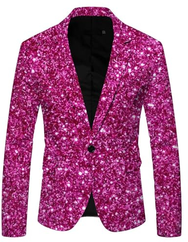 Glitzer Sakko Herren Outfit Anzugjacke Sportlich Party Anzug Pailletten Slim Fit Performance Kostüm Blazer Smoking Jacket Hot Pink XL