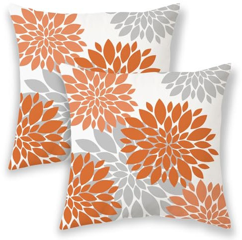 BETGINY Burnt Orange Summer Outdoor Pillow Covers 16x16 Inch 2 Pcs, Fall Geometric Elegant Dahlia Floral Decorative Throw Pillows, Rust Gray Flower Decor Pillowcase Linen Cushion Cover for Car Couch
