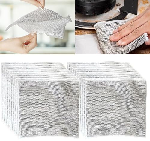 HOIDOKLY Mehrzweck-Draht-Geschirrspüllappen für Nass und Trocken, 2024 Neue doppellagige Draht-Reinigungstücher, multifunktionales Doppellagiges, kratzfestes Metalldraht-Geschirrtuch (20PCS)