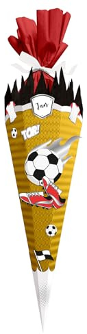 itenga Bastelschultüte Fussball - SCHULTÜTEN Bastelset FUSSBALL ROT WEISS 68cm - 3D Wellpappe - für Fussball Fans in den Farben deines Lieblingsvereins (Schultüte gelb)