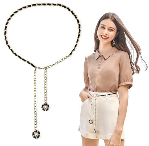 FuninCrea Waist Chain Belt for Women, Metal Link Womens Belt Chain Adjustable Gold Belt Women Y2K Belt Plus Size Ladies Belts for Dresses with Flower Pearl for Jeans Shirts Trousers (Black)
