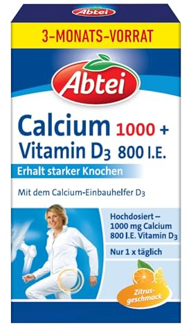 ABTEI Calcium 1000 + D3 800 I.E. - Calciumtabletten für Knochen - 90 St. | Vorratspackung, hochdosiertes Calcium & Vitamin D3, Erhalt starker Knochen, Kautabletten vegetarisch, Zitronengeschmack