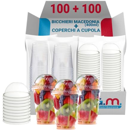 G.M. DISTRIBUZIONE 100 Bicchieri Macedonia in PP da 400ml + 100 Coperchi A Cupola in PS, Bicchieri e Coperchi Trasparenti, Bicchiere Riutilizzabile Alta Qualità per Bar e Gelaterie.