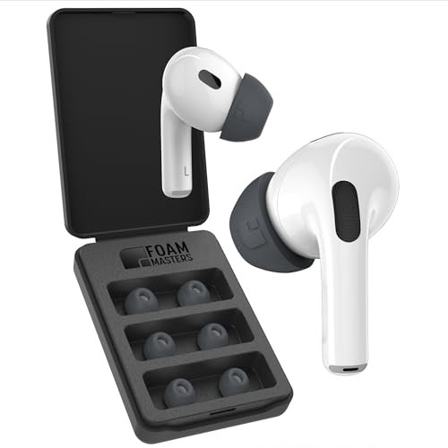 Foam Masters Memory-Schaumstoff-Ohrstöpsel für AirPods Pro 1. und 2. Generation, 3 Paar, Black Magic-Version 6.0, bequem, sicher, verbesserte Geräuschunterdrückung, Ersatzohrstöpsel, Weltraumgrau, L