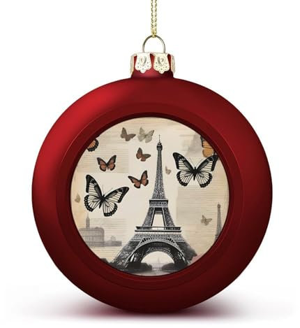 2 x Weihnachtskugel-Ornamente, Vintage-Paris-Eiffelturm-Druck, Weihnachtskugeln, Weihnachtsbaumschmuck, hängende Kugel für Feiertage, Party-Dekoration