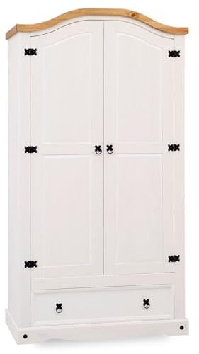 IDIMEX Armoire Campo 2 Portes 1 tiroir pin Massif Blanc/Naturel 100 x 190 x 51 cm - Armoire pour vêtements, Style Cottage, Meuble en pin, Armoire spacieuse avec Tringle, poignées et ferrures Noires