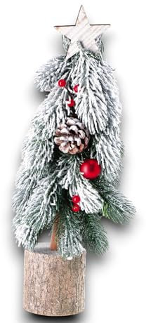 Albero Di Natale Pinetto Addobbato 40 Cm, Fogliame Folto e Realistico In PVC, Base tronco legno| Alberino innevato Da Appoggio Già Pronto | Alberello Artificiale Slim Da Tavolo