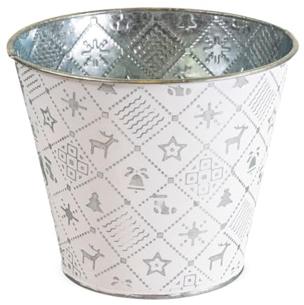 Runder Pflanztopf Winterdeko, Pflanzkübel in Ø 10 x 9 cm, Silber - Metall Pflanzschale als Weihnachtsdeko - Dekorative Blumenschale für Zimmerpflanzen, Blumentopf für Fensterbank oder Garten