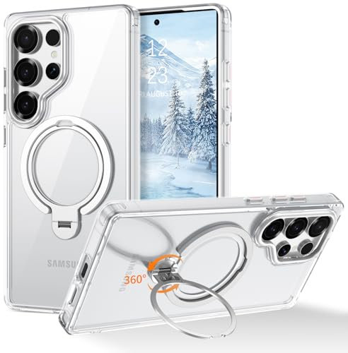 YINLAI für Samsung Galaxy S25 Ultra Hülle mit 360° Ständer Ring Kompatibel mit Magsafe,Magnetisch Militärschutz,Matt Rückseite Case Cover HandyHülle für Samsung Galaxy S25 Ultra 6.9,Transparent Klar