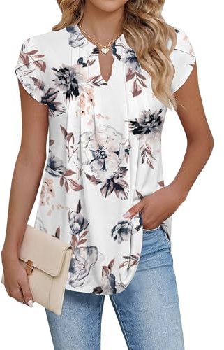 Cuptacc Womens Tops V Neck Short Sleeve T Shirts for Women Pleated Floral Printed Blouses Tunic