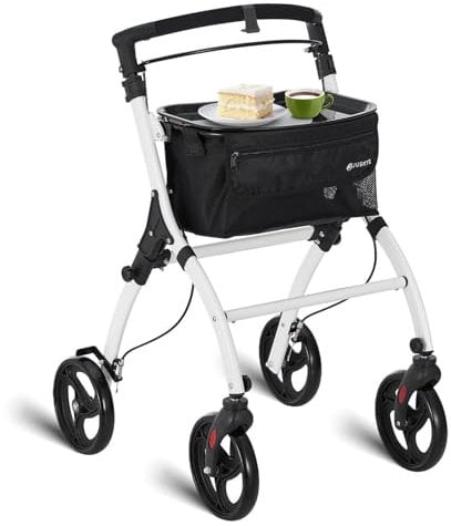 Juskys Aluminium Wohnungsrollator Aktiv mit Transporttasche & Tablett - Indoor Rollator schmal, leicht & faltbar - Gehhilfe für Senioren - Weiß