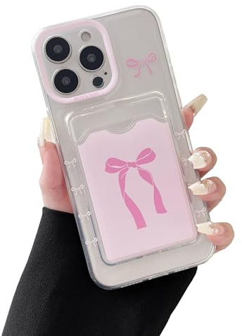 DEFBSC Case for iPhone 12 Pro Max Clear Card Holder Bowknot,Pink Bow/Frame | Cute Bowknot Ribbon Pattern,Slim Soft TPU Transparent Back Wallet Card Slot Shockproof Phone Cover,Raised Camera Protection