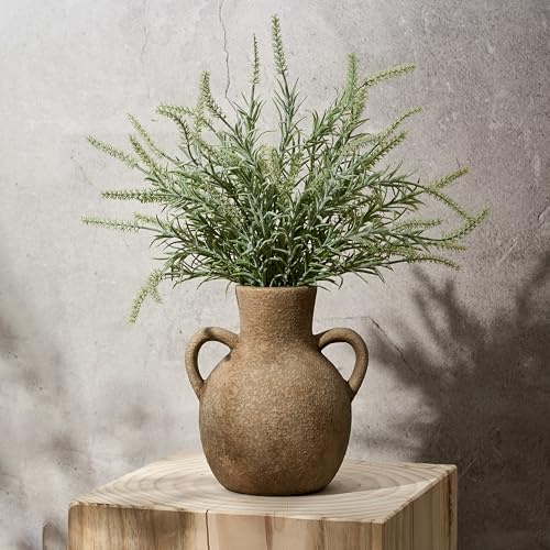 SIDUCAL Rustic Ceramic Farmhouse Flower Vase with 2 Handles, Terracotta Vase, Decorative Pottery Flower for Home Decor, Table, Wedding, Living Room, Shelf Decor, 7.3 Inch, Brown