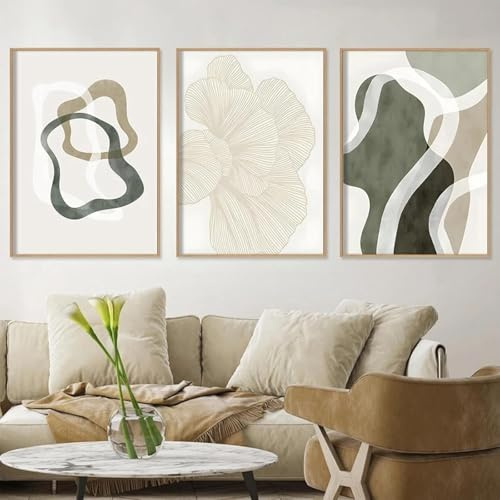 Abstrakte Ginkgoblatt Geometrische Bilder Grün Grau Braun Beige Linien Minimalistische LeinwandBilder Poster Nordische WandBilder Leinwand,für Wohnzimmer Schlafzimmer Deko (Ungerahmt,3X30X50CM)