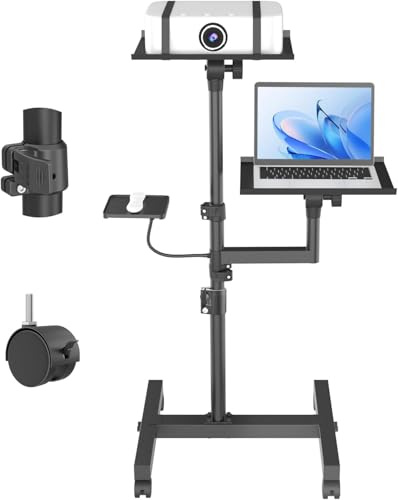 GSOW 2 Shelves Mobile Projector Stand, Rolling Laptop Stand Adjustable Height to 47 Inches, Podium Stands with Ventilated Tray, Heavy Duty, Laptop Floor Stand for Office, Home, Stage, DJ