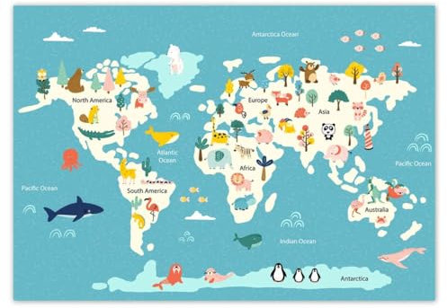 H10526M_TV5BJ Papier peint intissé Motif carte du monde avec animaux 208 x 146 cm