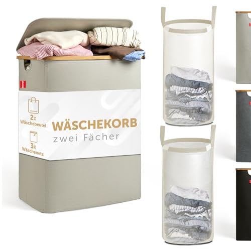 Blumtal Wäschesammler 140 L - Wäschekorb mit 2 Fächer und Herausnehmbaren Wäschesäcken - Pfandflaschen Aufbewahrung - Laundry Basket Beige Schmal