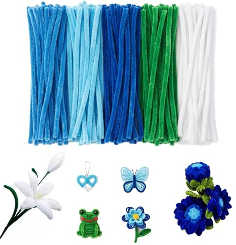 300 Stück Pfeifenreiniger Blumen Set, mit 5 Farben Pipe Cleaner mit 20 Grünem Blumenstäbe, 1 Rolle grünes Blumendrahtband & 1 Blumen Staubblatt für DIY Blumenstrauß, Kunstwerk, Basteldeko für Kinder