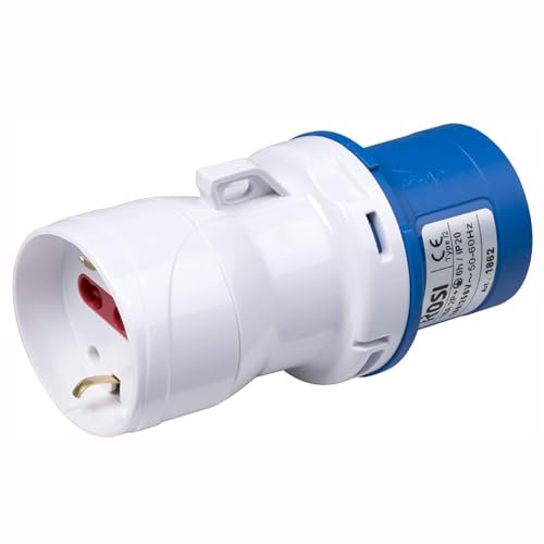 Adattatore da spina industriale CEE 220V 230V 3 Poli 2P+T a 1 presa schuko bipasso bivalente 10A/16A, IP20, uso interno, blu