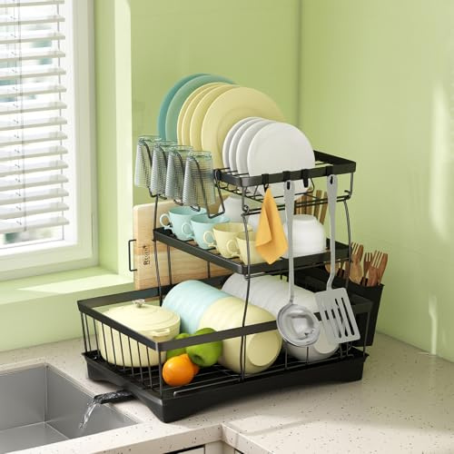 3-Tier Dish Drying Rack with 360° Rotating Drainboard – Rustproof Carbon Steel Dish Drainer with Cutlery & Utensil Holders, Space-Saving Kitchen Organiser, Easy Assembly, Black 49 x 31 x 40.5cm