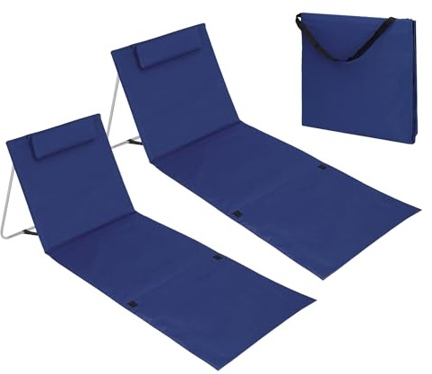 2 Stuoie da Mare Pieghevoli, Schienale Regolabile, Imbottitura Poggiatesta e Borsa da Viaggio, Lettini Spiaggia Portatili in Acciaio - Spiaggine Regolabile con Schienale Reclinabile - Blu Tinta Unita