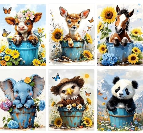 Jawecci 6 Pack Tiere Diamond Painting Erwachsene, 5D Diamant Painting Freundin Bilder Erwachsene Anfänger, DIY Diamant Malerei Kinder für Home Dekor 30x40cm