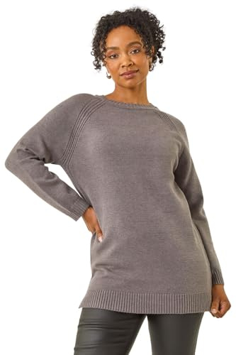 Roman Petite Longline Knit Jumper for Women UK - Ladies Everyday Autumn Winter Round Neckline Comfy Soft Evening Vacation Work Party Night Out - Petite Grey - Size 14