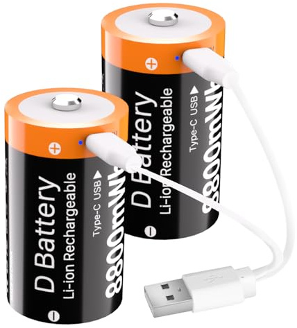 (8800mWh) Piles D Rechargeables USB-C, Nouvelle Mise à Niveau de Rechange de Batterie Lithium D Cell de Haute capacité pour Projecteurs, Jouets Électroniques etc. - Lot de 2