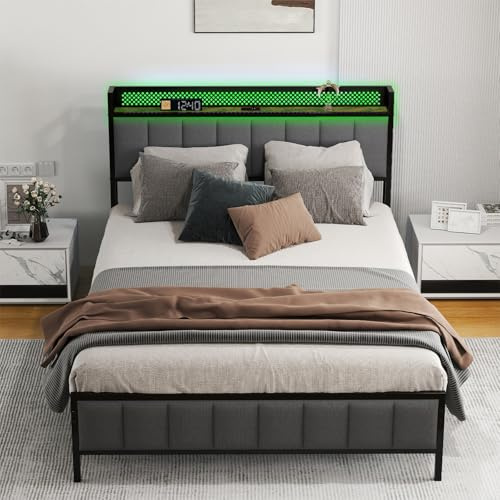 Levede 4ft Small Double Bed Frame with LED Lights & Charging Station, Upholstered Platform Bed with Storage Headboard, USB & Type-C Ports, Metal Frame Bed, Under Bed Storage, Grey Linen Bed Frame