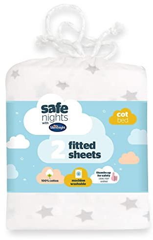 Silentnight Safe Nights Moses Basket Fitted Sheets Set 100% Jersey Cotton Bassinet Size Pack of Two Plain Grey Star Newborn Easy Care Super Soft for Baby with Storage Bag (28 cm x 75 cm x 9 cm)