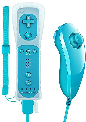 Tanouve Controller Wii Motion Plus, 2 In 1 Nunchuck Costruito Motion Plus Telecomando Remote Set Per Nintendo Wii e La Console Wii u Con Custodia In Silicone + Custodia - blu