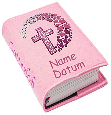 Gotteslob Gotteslobhülle Hülle Kreuz Herzen pink Filz Namen bestickt Einband Umschlag personalisierte Gesangbuchhülle, Farbe:rosa