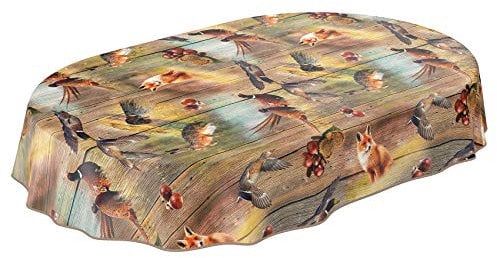 ANRO Wachstuch Tischdecke abwaschbar Wachstuchtischdecke Wachstischdecke Jagt Wild Jäger Motiv Holz Oval 220x140cm mit Saum - Eingefasst