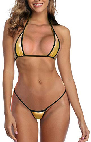 SHERRYLO, Micro bikini succinto con perizoma e reggiseno a triangolo, provocante, sexy ed erotico, Oro metallizzato., Taglia Unica