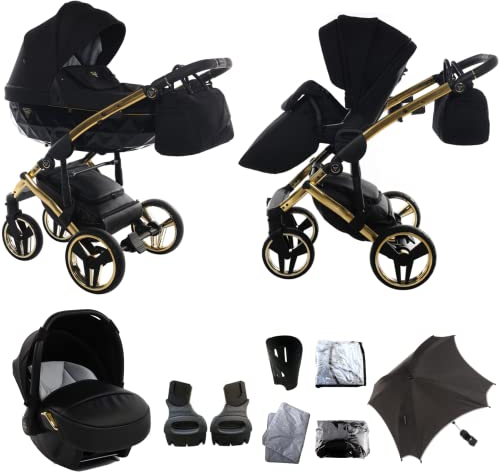 Original Junama Diamond S-Line Reisesysteme Kinderwagen 2in1 3in1 4in1 Sonnenschirm + Originalzubehör Exclusive Prams (3in1, Schwarz-Gold 02)