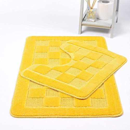 Night Zone Squares 2 Piece Bath Mat & Pedestal Set Non Slip Extra Absorbent Bathroom Toilet Rug Bath Mats Set (Lemon)