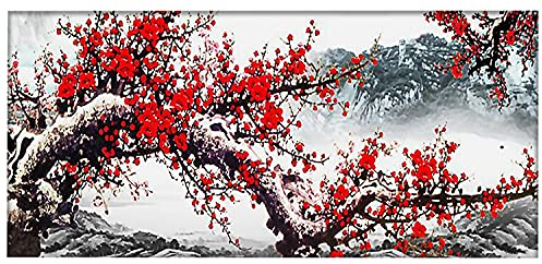5D DIY Diamant Malerei Kit Blume Rote Pflaume Diamanten Stickerei Mosaik Muster Wandmalerei Gemälde Malen nach Zahlen Kits für Erwachsene Stich Ornament Leinwand Bilder Set 100x50cm / 39x19 Zoll
