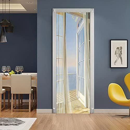 A.Monamour Türtapete Selbstklebend Türfolie Türposter 3D Offene Tür Mit Weißem Vorhang Balkon Mit Meerblick Vinyl Folie Türdeko Tapete Wandbild Türaufkleber Türtattoo 95 x 215 cm
